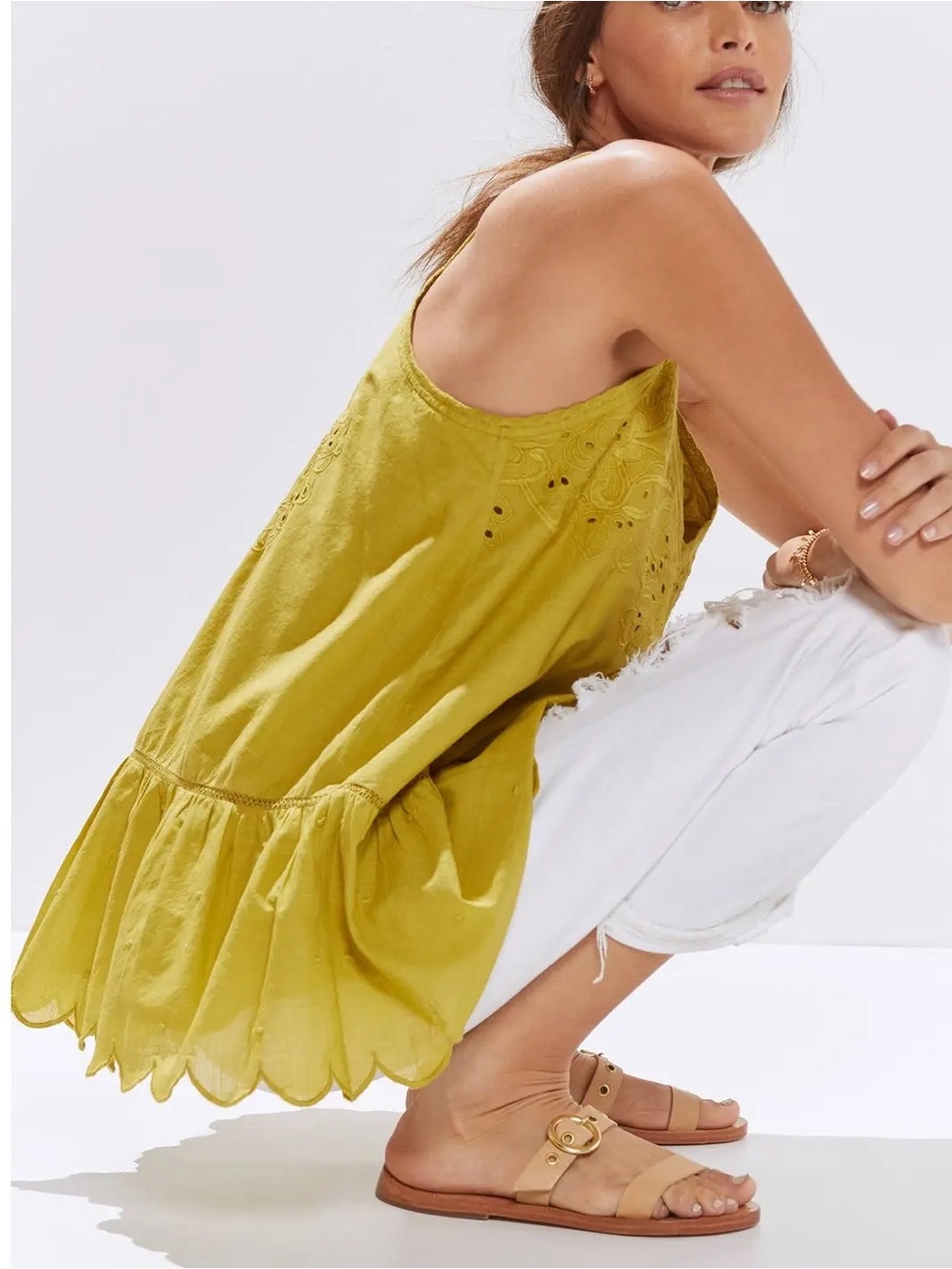 Anthropologie Let Me Be Lace Embroidered Peplum Tank Olive Green Boho Size 6